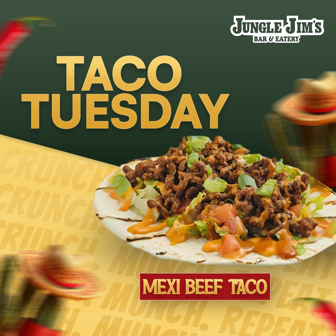 📣 Let’s taco ’bout Tuesdays... because they’re the tastiest day of the week at Jungle Jim’s! 🌮🔥
Whether you like ’em mild or wild, our tacos bring the flavour every single Tuesday.
Eat. Drink. Have Fun.