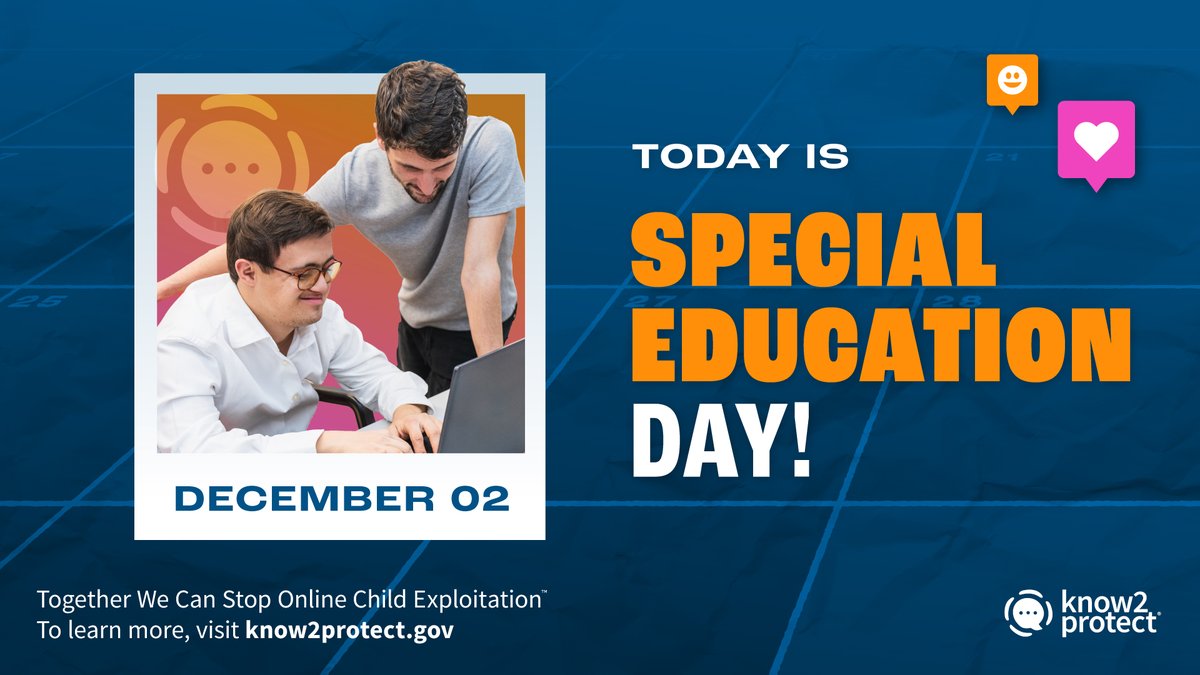 Know2Protect's tweet photo. Every student deserves to be included in #DigitalSafety. 👫
On #SpecialEducationDay, let’s make sure every learner can build the skills to stay safe online.
Check out our Top 10 #Tips2Protect for families and schools here: https://t.co/5fMQB4hXkd https://t.co/seSJJ8d50r