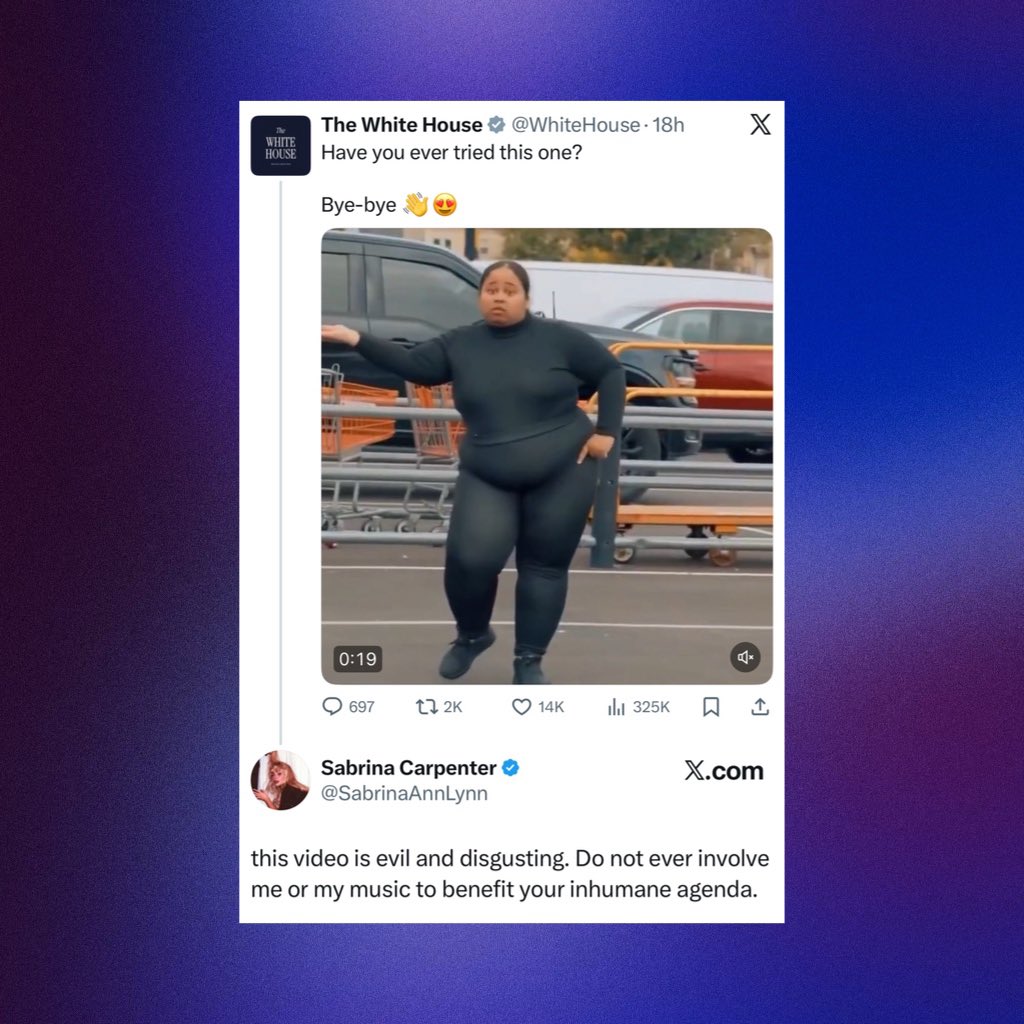 PopBase's tweet image. Sabrina Carpenter slams the White House for using her song ‘Juno’ for a pro-ICE video:

“this video is evil and disgusting. Do not ever involve me or my music to benefit your inhumane agenda.”