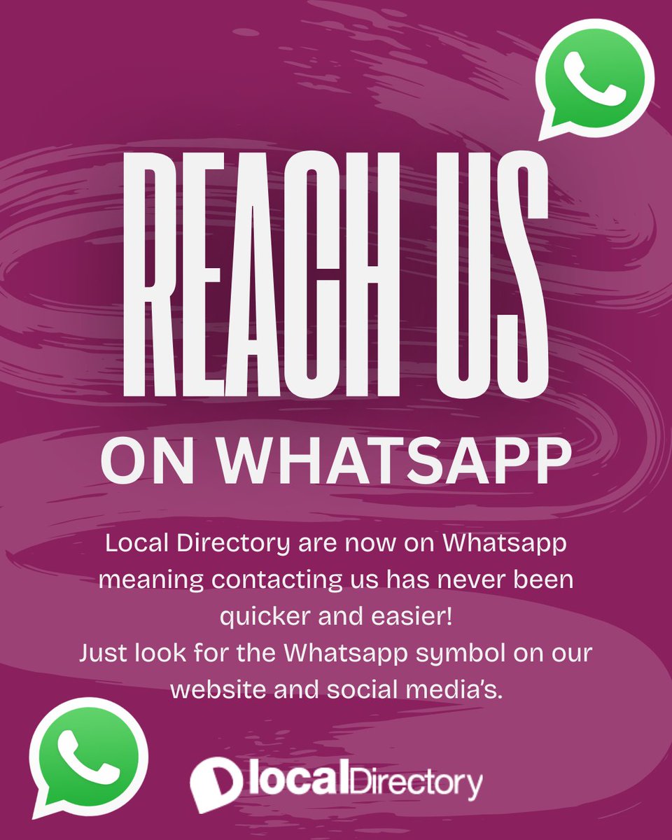 We’re now on WhatsApp! 🎉💬  Got a question? Need to book an advert? Want quick support? Message us instantly—just look for the WhatsApp icon on our website or social media.  Fast, simple communication made easy with Local Directory #localdirectory #whatsapp #contactus