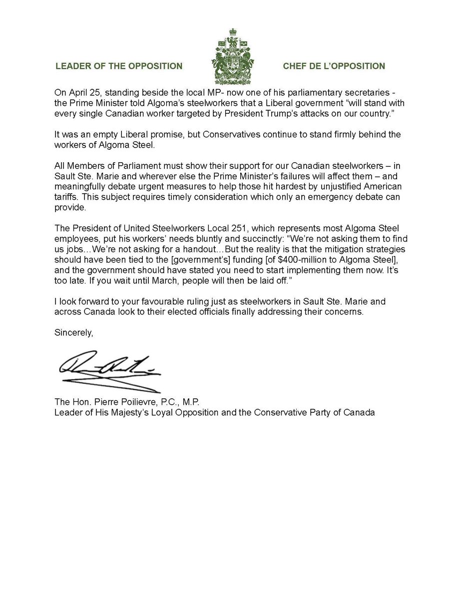 PierrePoilievre's tweet image. Mr. Speaker, 

Mark Carney promised to “negotiate a win&quot; with the U.S. Another bait-and-switch. 

He handed Algoma $400 million with no job guarantees.

And now 1,000 steelworkers in Sault Ste. Marie have lost their jobs. 

This is an emergency that demands Parliament’s…