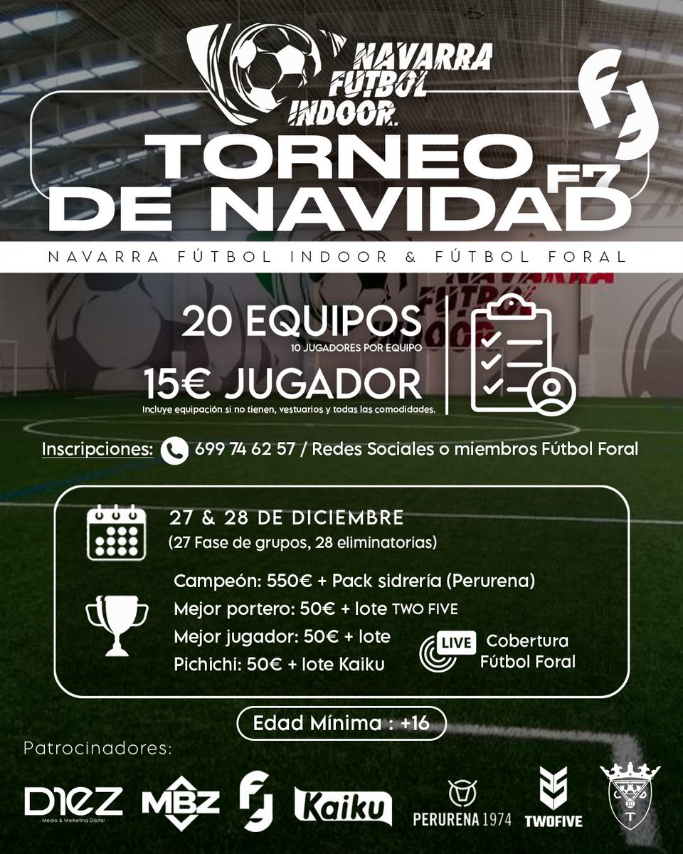 𝗘𝗟 𝗧𝗢𝗥𝗡𝗘𝗢 𝗗𝗘 𝗡𝗔𝗩𝗜𝗗𝗔𝗗 🎄⚽️ 

El 𝟮𝟳 𝘆 𝟮𝟴 𝗱𝗲 𝗱𝗶𝗰𝗶𝗲𝗺𝗯𝗿𝗲 tendrá lugar el primer torneo en el que competirán los amantes del <a href="/FutbolForal/">Fútbol Foral</a>.

ℹ️ Ya están 𝗮𝗯𝗶𝗲𝗿𝘁𝗮𝘀 𝗹𝗮𝘀 𝗶𝗻𝘀𝗰𝗿𝗶𝗽𝗰𝗶𝗼𝗻𝗲𝘀, junto a tu equipo de amigos y apúntate.