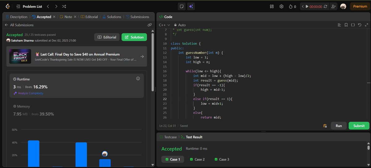 DumbSham14's tweet image. Day 36 - LeetCode DSA💻
Problem: Guess Number Higher or Lower
Busy with internals, upcoming sem exams, so chose a light and chill problem today. Enjoyed solving this easy one, kept the streak alive and felt refreshed.😌
#LeetCode #DSA #CodingStreak