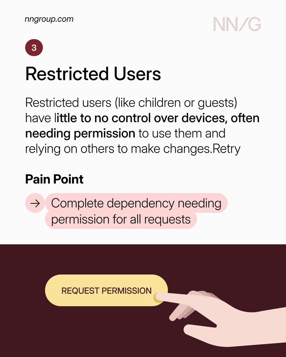 NNgroup's tweet image. Design for all 3 smart-device user types to reduce friction &amp;amp; make the experience intuitive for everyone. From are device managers juggling multiple apps to the completely restricted users waiting for permission to adjust anything. 

bit.ly/3KgT2XH

#UX