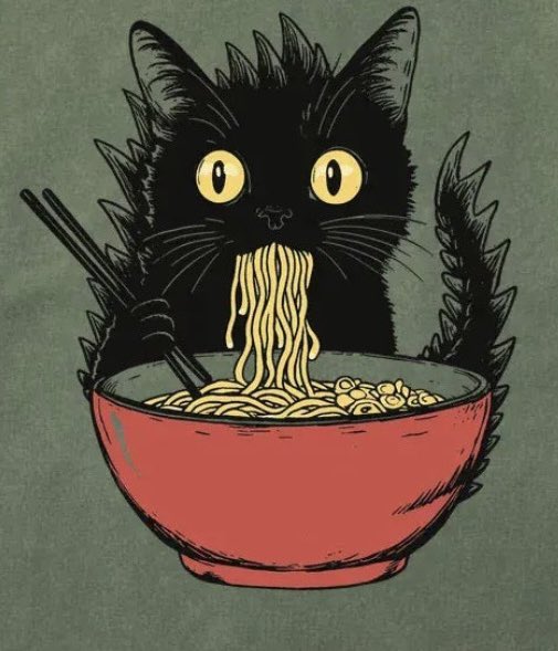 This artwork was inspired by a T-shirt I own. I always imagined the cat was eating spicy 🌶️ ramen noodles. So I wanted my artwork to reflect that. #Art #artwork #cats #ramen #tshirt #fun #painting #noodles