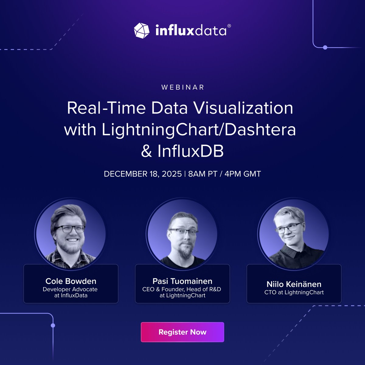 InfluxDB's tweet image. .@Lightning_Chart  has led GPU-accelerated visualization since 2007. Their latest step: Dashtera, a hardware-accelerated platform built for real-time data.

Join founder Pasi Tuomainen and CTO Niilo Keinänen for a live session on how Dashtera pairs with InfluxDB for fast,…