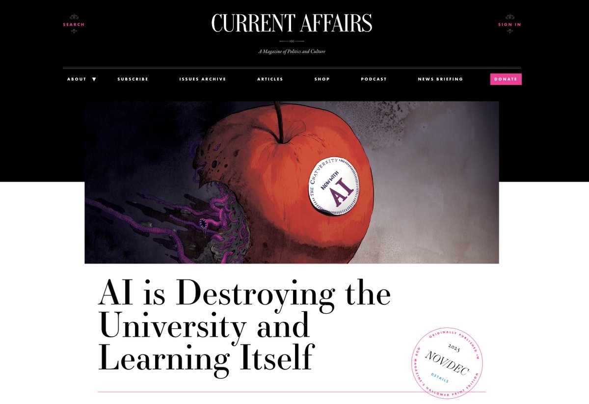 maxifirtman's tweet image. &quot;La IA está destruyendo la universidad y el aprendizaje académico&quot;

Esta nota cubre lo que pasa en el mundo académico en California: todos simulan que hay educación, pero nadie está aprendiendo.

—Estudiantes usan IA para escribir todo.
—Profesores usan IA para corregir, preparar…