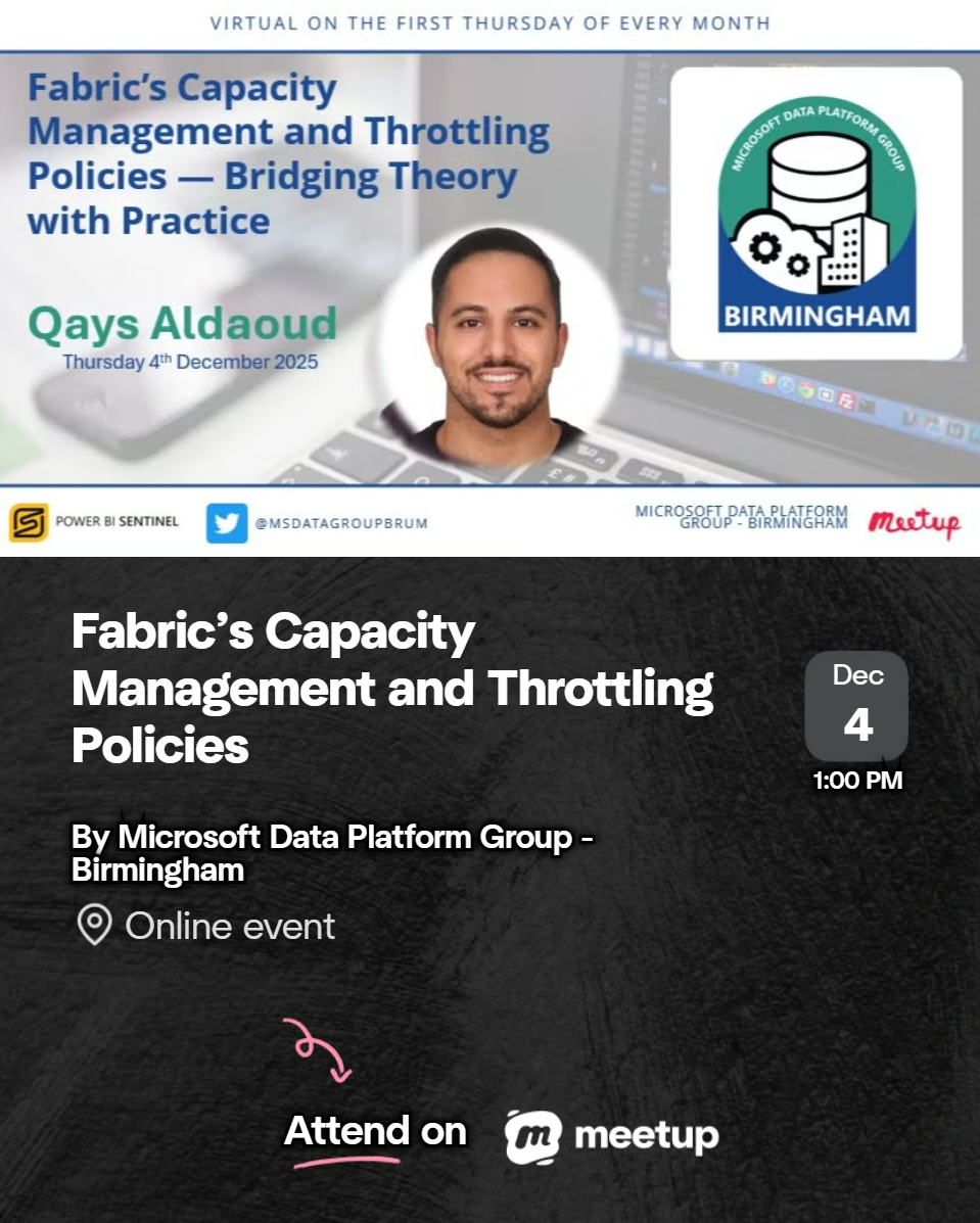 Only 48 hours to go! 🎄✨
Don’t miss our last meetup of the year with Qays Aldaoud, breaking down Fabric capacity &amp; throttling in a practical, real-world way.

See you Thursday at 13:00 GMT!
🔗 meetup.com/microsoftdatap…
