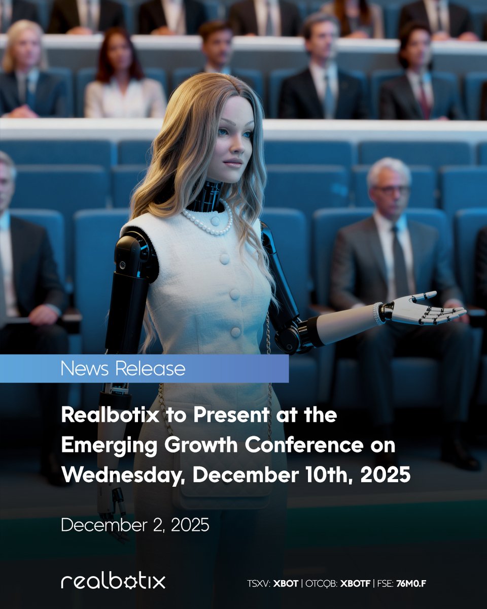 RealbotixCorp's tweet image. 📢 NEWS RELEASE: We’ll be presenting at the Emerging Growth Conference on December 10, 2025 at 1:45 pm ET, where CEO @AndrewKiguel  will walk everyone through our latest updates and lead a live demonstration with Aria, our AI-powered #humanoidrobot.

Read more:…