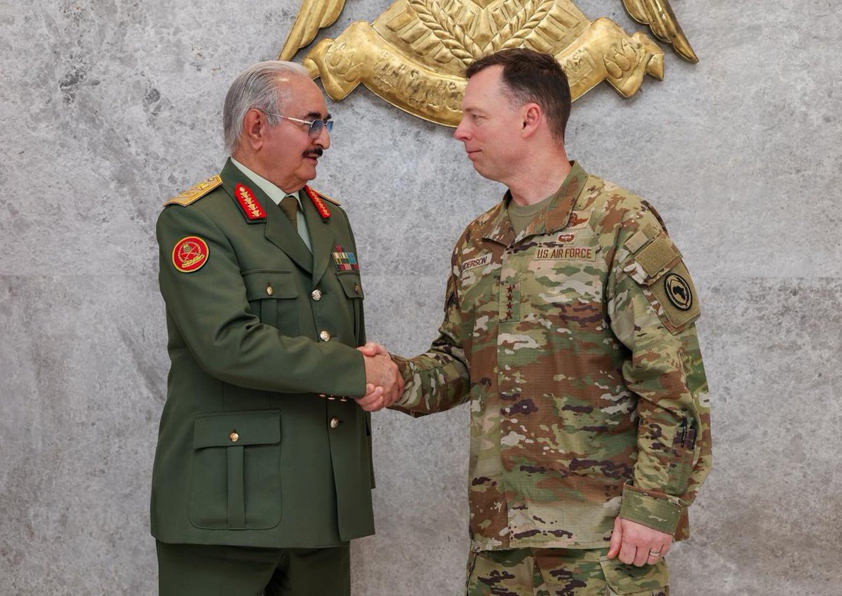 USAfricaCommand's tweet image. In #Benghazi: Gen Dagvin Anderson, @USAfricaCommand commander, and Chargé Jeremy Berndt, met with Field Marshal Khalifa Haftar and Gen. Saddam Haftar. His first meetings with the leaders, Anderson emphasized opportunities to advance U.S.-Libya military, security and unity.