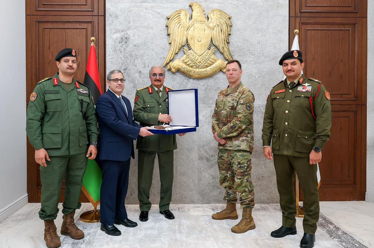 USAfricaCommand's tweet image. In #Benghazi: Gen Dagvin Anderson, @USAfricaCommand commander, and Chargé Jeremy Berndt, met with Field Marshal Khalifa Haftar and Gen. Saddam Haftar. His first meetings with the leaders, Anderson emphasized opportunities to advance U.S.-Libya military, security and unity.