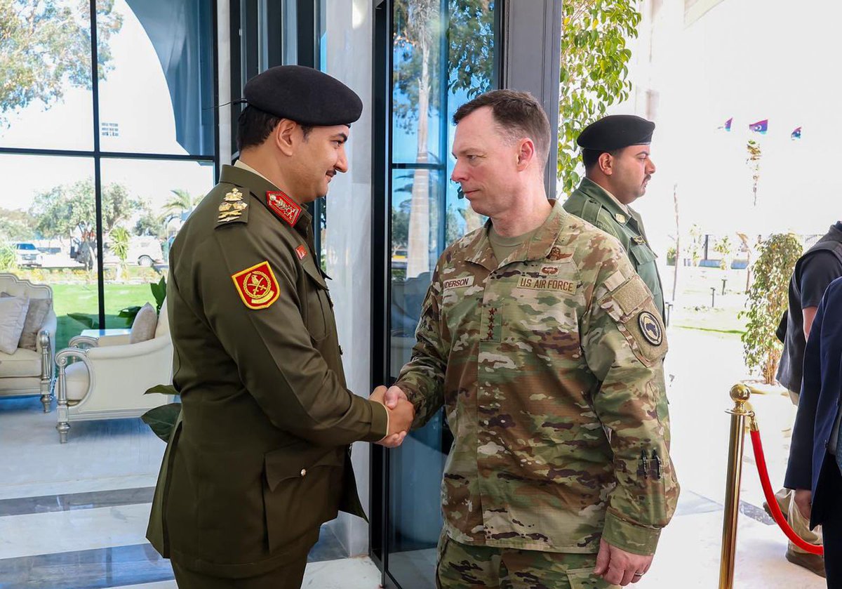 USAfricaCommand's tweet image. In #Benghazi: Gen Dagvin Anderson, @USAfricaCommand commander, and Chargé Jeremy Berndt, met with Field Marshal Khalifa Haftar and Gen. Saddam Haftar. His first meetings with the leaders, Anderson emphasized opportunities to advance U.S.-Libya military, security and unity.
