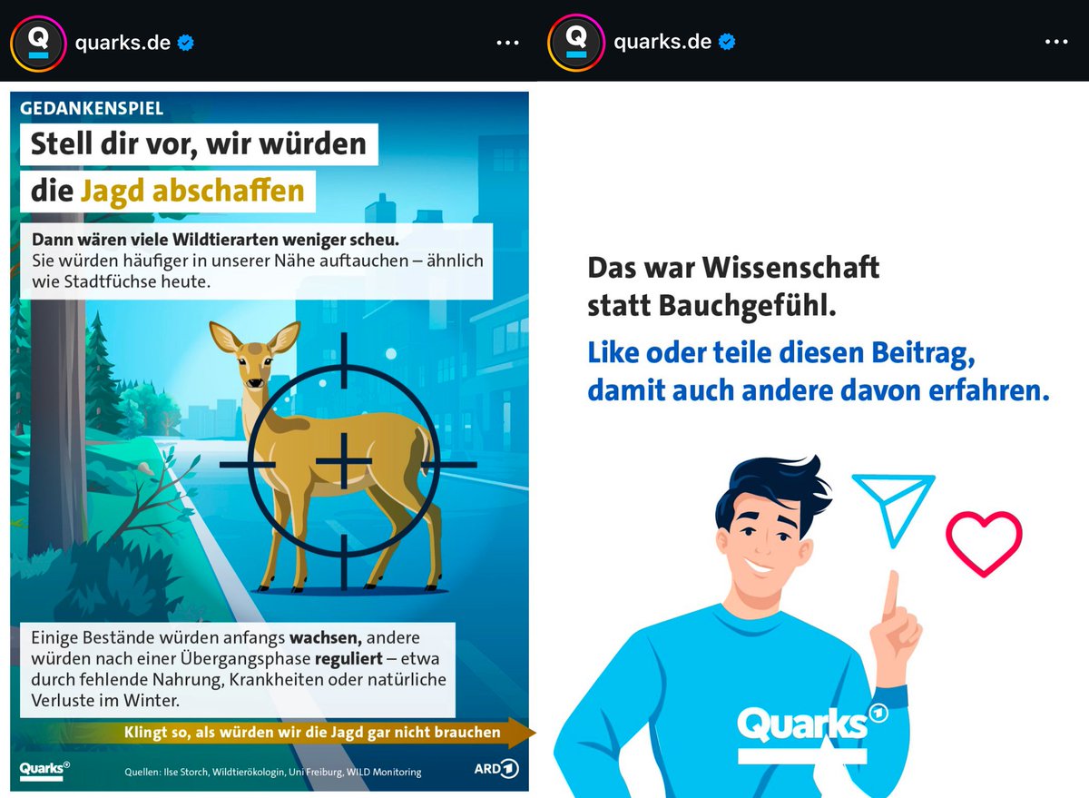 Quarks vom WDR behauptet, dass Wildtiere scheu seien, weil es Jäger gibt. So einen Unfug zu behaupten, ist für Quarks Wissenschaft und kein Bauchgefühl. Tatsächlich ist das Desinformation.