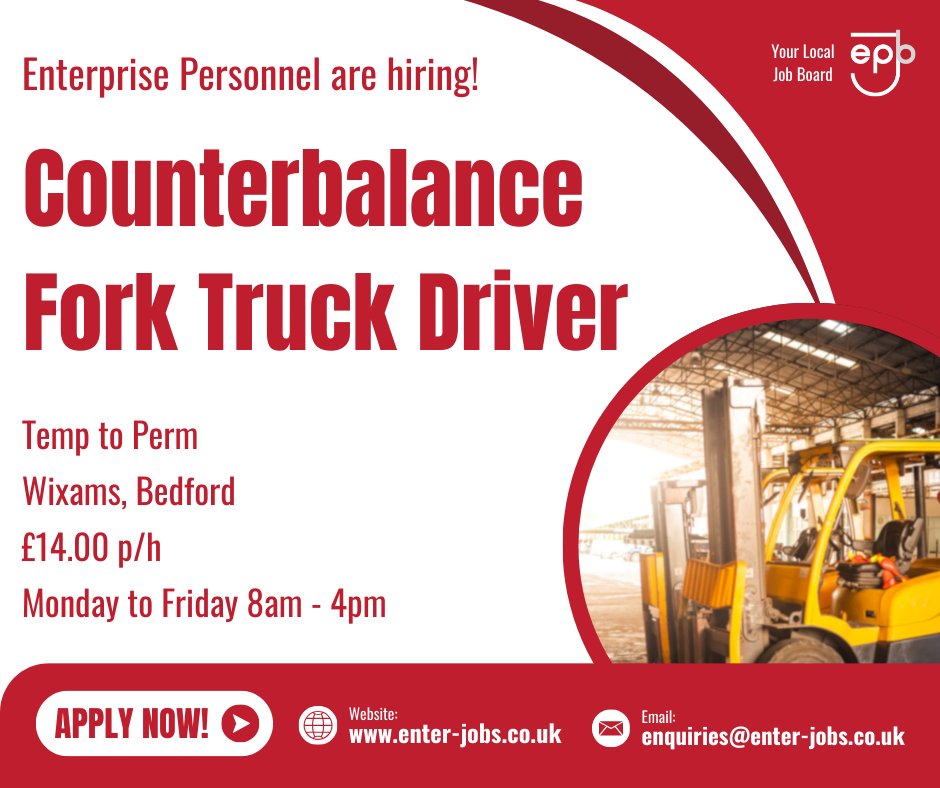 EnterJobs's tweet image. Enterprise Personnel&apos;s client are seeking a Forklift Operator in Wixams. 
Apply now via our website! 

#counterbalanceforklift #counterbalanceforkliftdriver #forkliftdriver #forkliftjobs #forkliftoperator #warehousejobs #warehousework #forkliftdriverjobs #bedford #bedfordshire