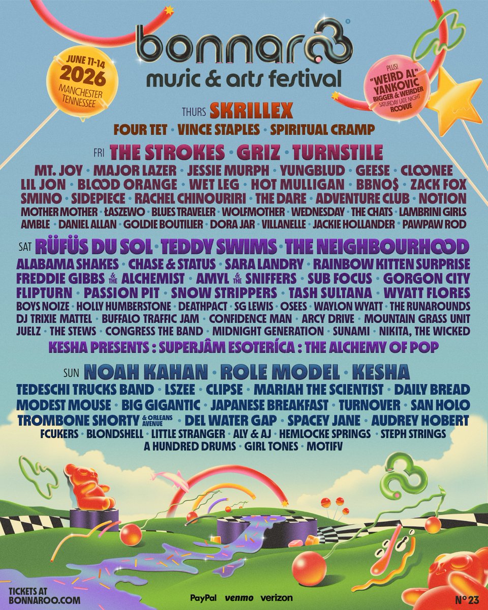 TheFestiveOwl's tweet image. Bonnaroo reveals 2026 lineup: Skrillex, Rüfüs Du Sol, The Strokes, GRiZ, Turnstile, Kesha + more.