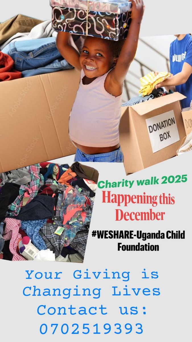 #Charity walk 2025
Happening this December 
For all Donation items Reach out: 0702519393
Clothes, shoes, soap, sugar, Bread, foods, money support
Our Pick-up team is minutes away or we can Re-Direct you to our nearest Charity Points
#WESHARE Uganda
We share to make a Difference💚