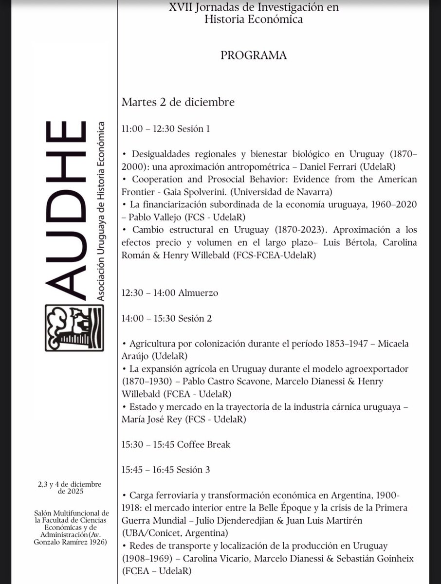 <a href="/audhe_uy/">AUDHE</a> se están desarrollando las XVIIJornadas de Investigación en Historia Económica.
Nutrida agenda