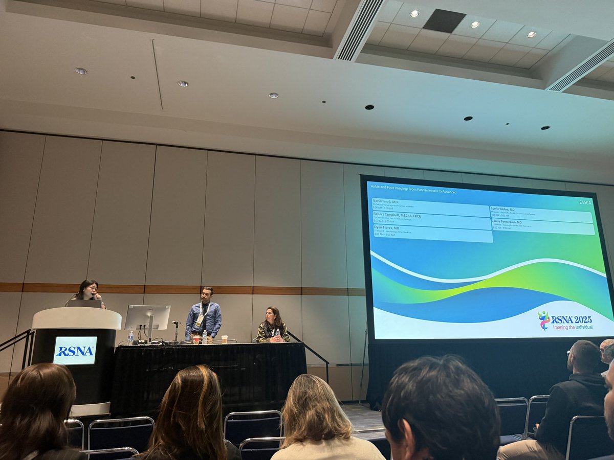DinaMoazamian's tweet image. Loving the ankle &amp;amp; foot imaging session at #RSNA2025! Fantastic panel, clear explanations, and great step-by-step progression from fundamentals to advanced MSK concepts. @sportsraddoc, Robert SD Campbell, 🦶✨ #RadiologyEducation