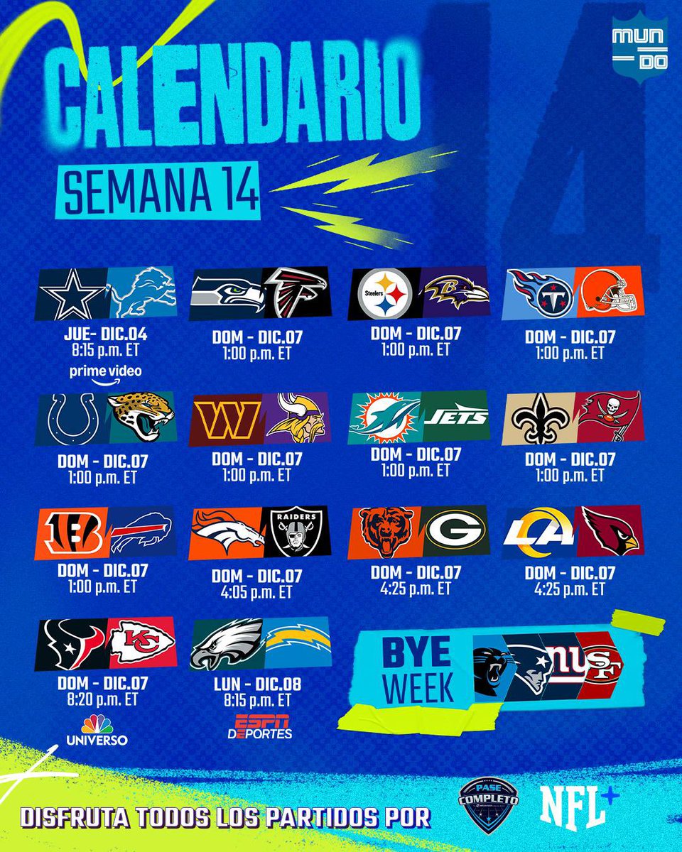 MundoNFL's tweet photo. PARTIDOS DE PLAYOFFS ADELANTADOS 👀

Para varios equipos, el ganar o perder en la semana 14 definirá su temporada.

#MundoNFL https://t.co/QtAic6XyK9