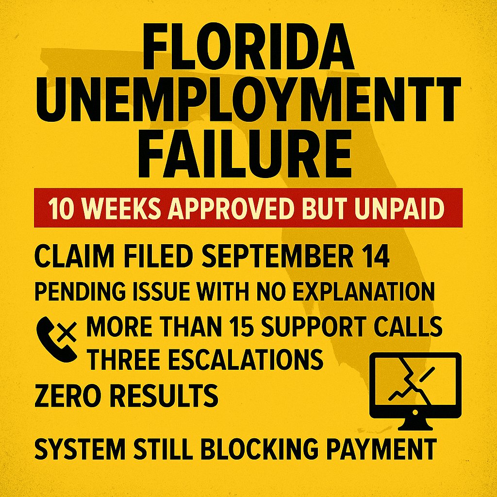 CeoMdavis's tweet photo. My Florida unemployment claim has been stuck since September 14 with a “pending issue.” Approved but unpaid for 10 weeks. More than 15 calls and 3 escalations, no explanation. @ShevJonesFL @LeaderBookFL 
@GovGoneWild @TinaPolsky 
@LindaStewartFL @Torres4Florida https://t.co/ThS2agf8Ae