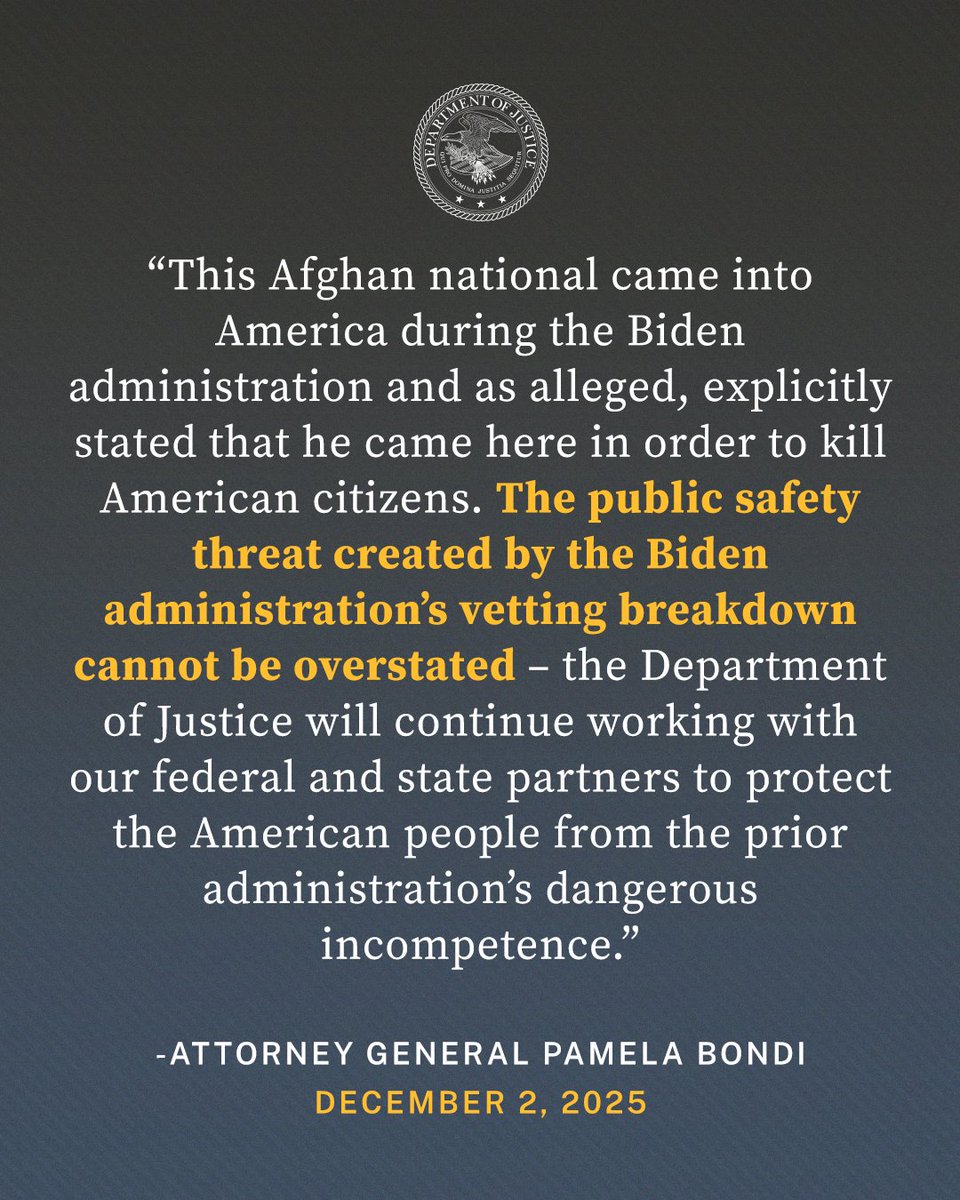 TheJusticeDept's tweet photo. Afghan Citizen Federally Charged For Posting Threats to Build Bomb and Kill Americans

“This Afghan national came into America during the Biden administration and as alleged, explicitly stated that he came here in order to kill American citizens,” said @AGPamBondi. “The public safety threat created by the Biden administration’s vetting breakdown cannot be overstated – the Department of Justice will continue working with our federal and state partners to protect the American people from the prior administration’s dangerous incompetence.”

🔗: https://t.co/WV0FSUDpvQ