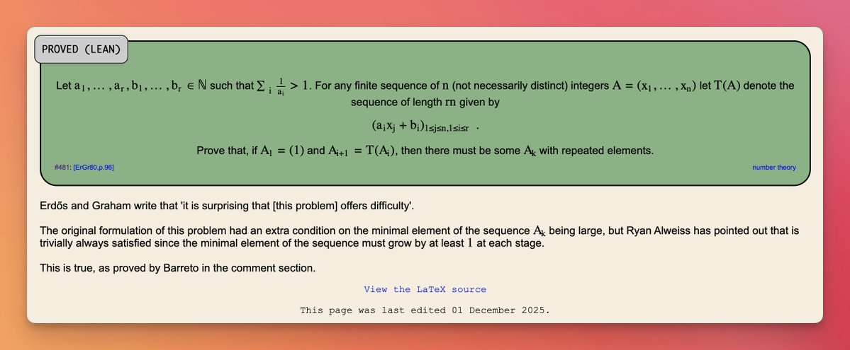 daniel_mac8's tweet image. Aristotle, an AI system specialized for Mathematics from @HarmonicMath, solved Erdős problem #481.

Days ago the same system solved problem #124.

Controversy ensued as #124 was supposedly the &quot;easy&quot; version.

#481 is *not* an easy version.

Terrence Tao even commented: &quot;Nice!&quot;…