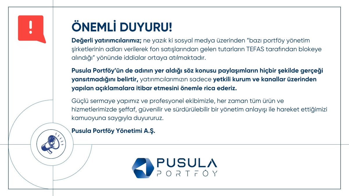 Değerli yatırımcılarımız; ne yazık ki sosyal medya üzerinden “bazı portföy yönetim şirketlerinin adları verilerek fon satışlarından gelen tutarların TEFAS tarafından blokeye alındığı” yönünde iddialar ortaya atılmaktadır.  

Pusula Portföy’ün de adının yer aldığı söz konusu
