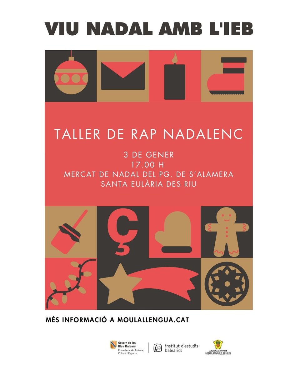 Et crida l'atenció la música, rimar, la improvisació, etc.?
Mira quina cosa més curiosa: Taller de rap nadalenc.
🕟 3 de gener a les 17.00 h
📍 Mercat de Nadal del Passeig de s'Alamera, a Santa Eulària.