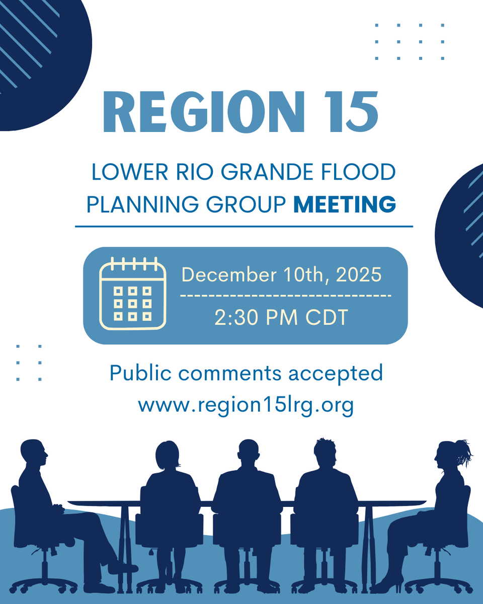 Our Region 15 Lower Rio Grande Flood Planning Group will be having their last meeting of the year!

Make sure to tune in to our livestream and join the discussion by sending in your public comments: region15lrg.org/page/Public%20…