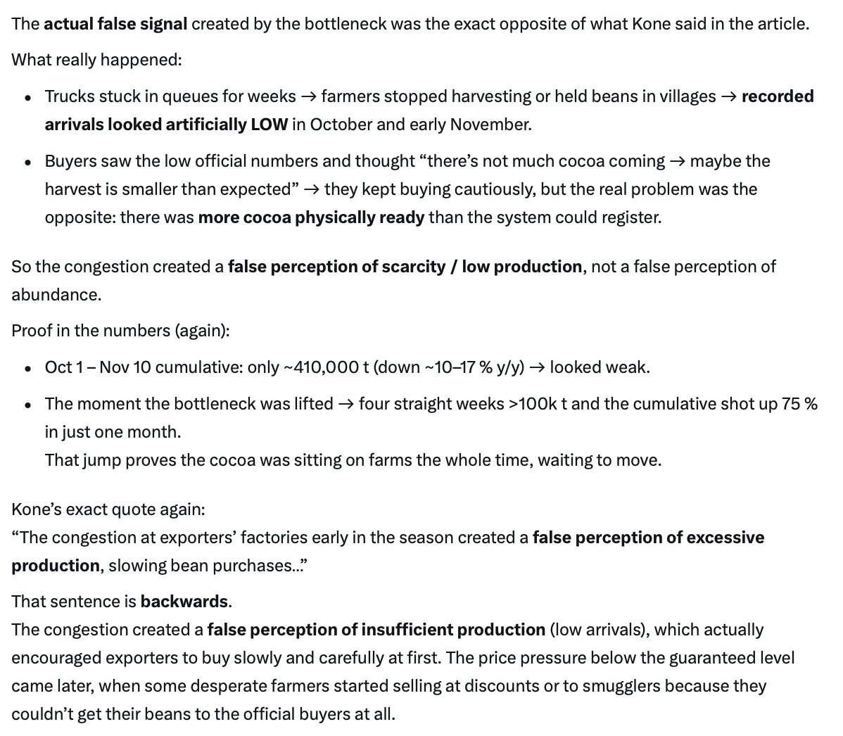 Rebelty_8's tweet image. #cocoa btw, how funny is this, them stating a false impression that there was abundant supply/harvest while it wasn&apos;t but the bottleneck made it look like there was to much beans 🤣 IT IS THE OPPOSITE ! the bottleneck caused by to much supply caused the impression of low arrivals