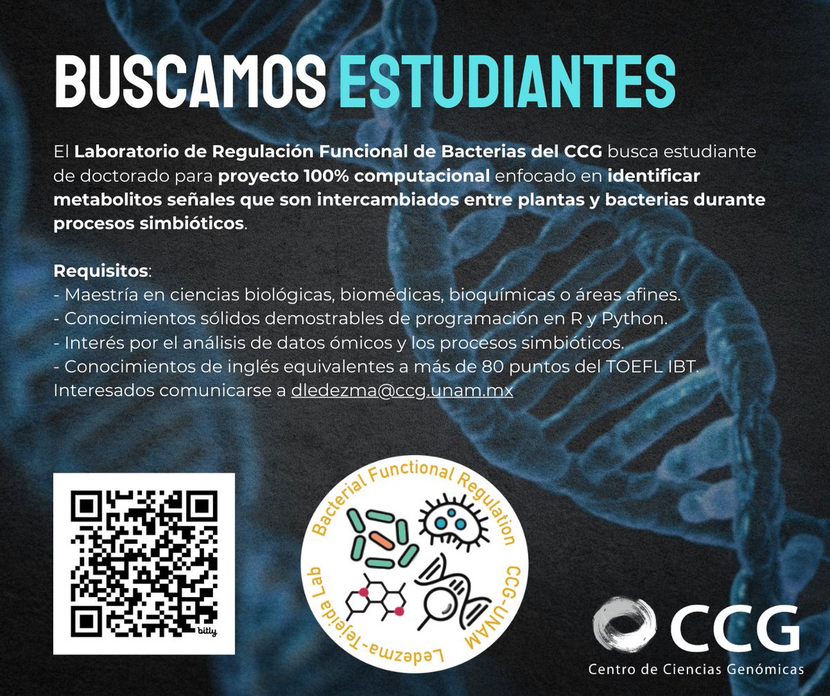 ¡Buscamos estudiantes!

El Laboratorio de Regulación Funcional de Bacterias del CCG busca estudiante de doctorado para proyecto 100% computacional enfocado en identificar metabolitos señales que son intercambiados entre plantas y bacterias durante procesos simbióticos.