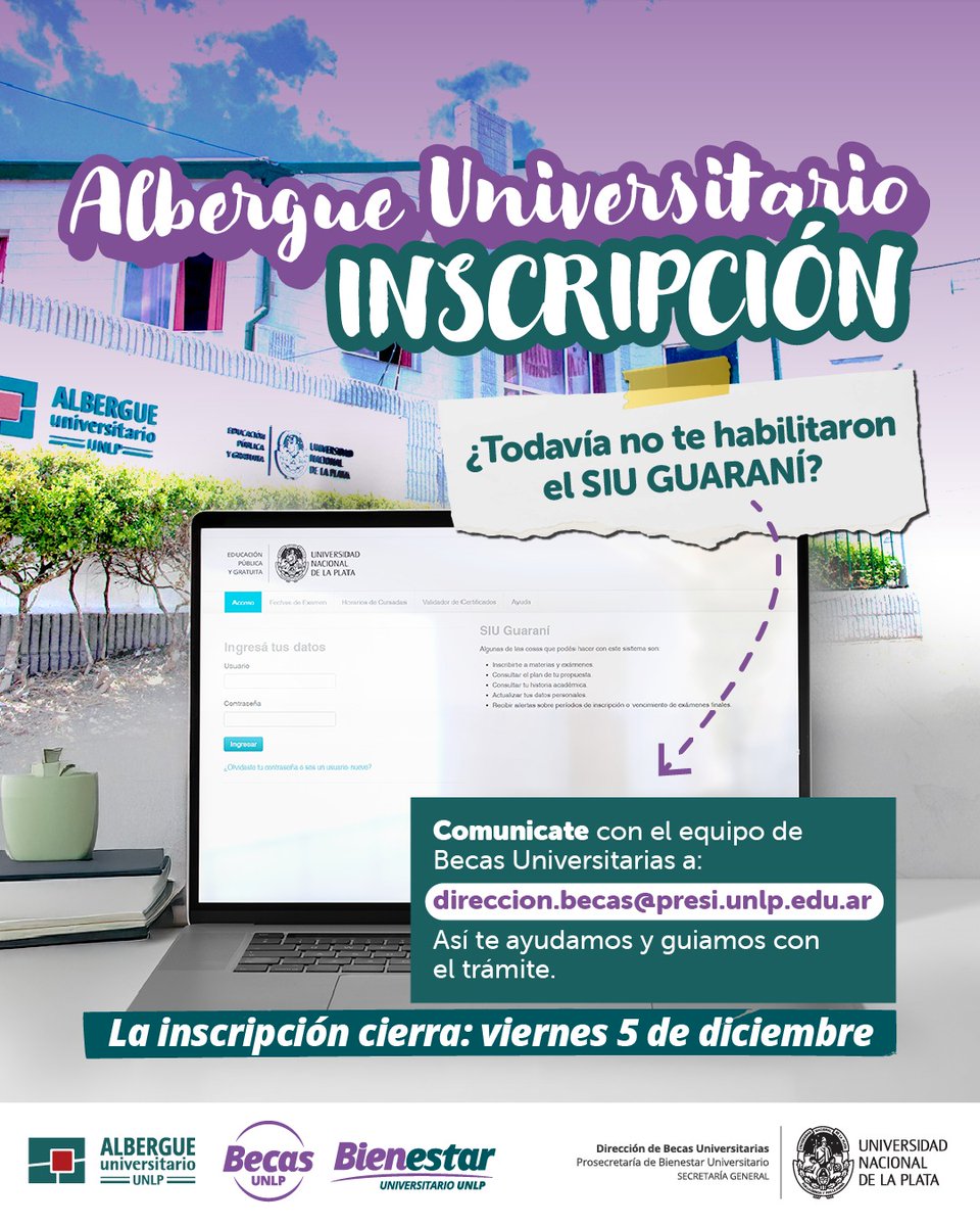 BienestarUNLP's tweet photo. Info del Albergue Universitario💪🏽

¿Sos ingresante 2026?  Si ya te inscribiste a una carrera de grado de la UNLP y querés postularte a la Beca del Albergue Universitario, pero todavía no te habilitaron el SIU GUARANÍ, tenés que enviarnos un mail así podemos ayudarte. https://t.co/Udngbsids6