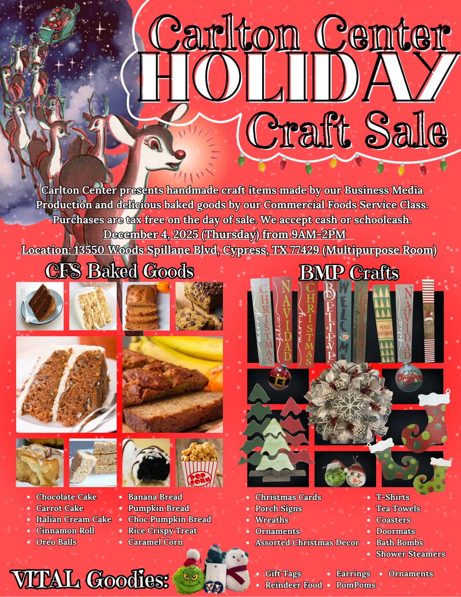 CarltonChargers's tweet image. Come One Come All!📢 Our Semi-Annual Craft Show is this Thursday! See you there!!⚡️ #ChargersRock #ChargedUp @CyFairISD