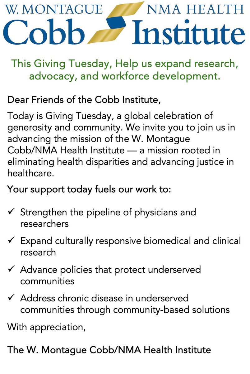 Your donation to the Cobb Institute helps ensure that underserved communities receive equitable, high-quality, culturally responsive care — not only today, but for generations to come. Donate Now via Give Lively: bit.ly/GivingtoCobb