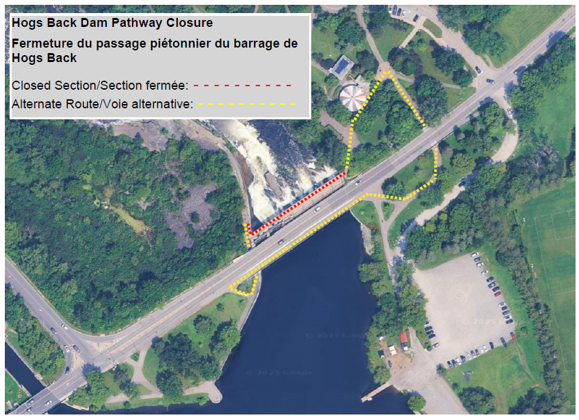🚧 Pathway access at Hogs Back Dam in Ottawa will be temporarily closed Dec 10 (8am–4:30pm) and tentatively Dec 12 for safety rail repairs. Closed areas shown in red; an alternate crossing is available (yellow). Pathways open outside work hours. 
parks.canada.ca/lhn-nhs/on/rid…