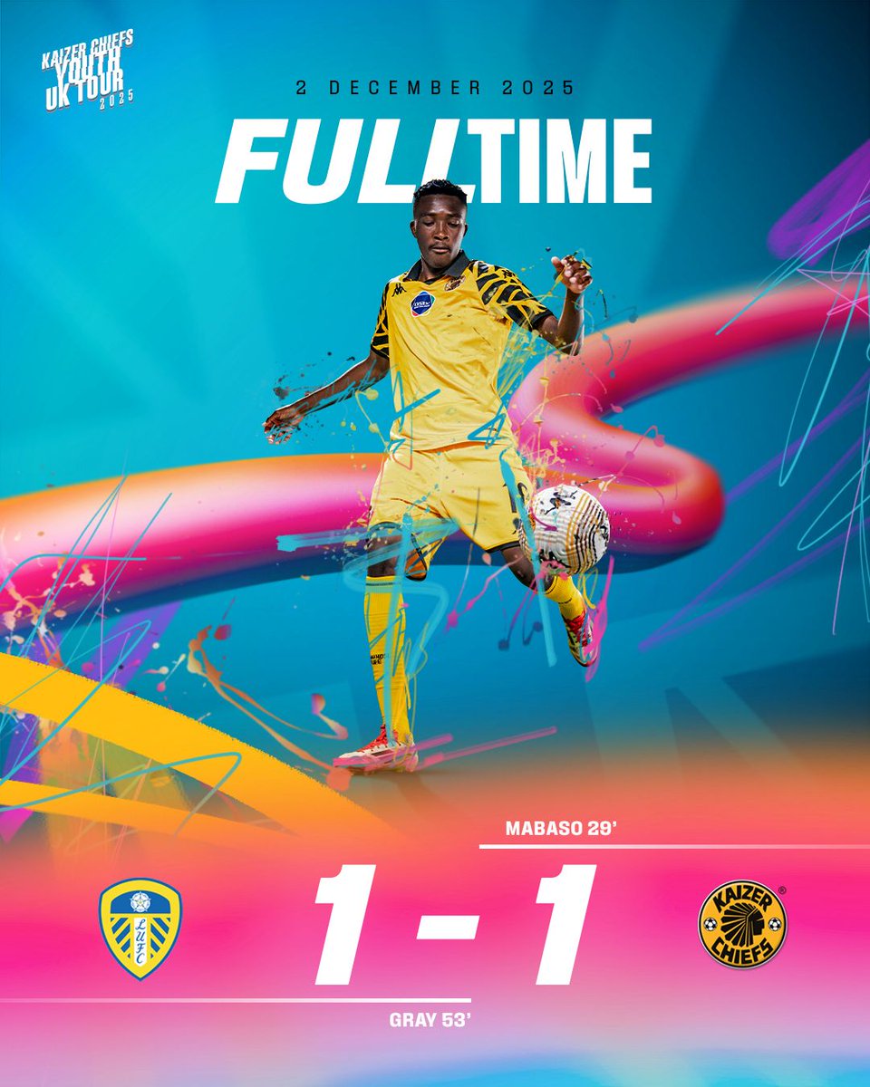 KaizerChiefs's tweet image. 90&apos; | #LU 1 : 1 #KC

Full time score: (Gray pen. 53&apos;) Leeds United 1 : 1 Kaizer Chiefs (Mabaso 29&apos;)

#KCReserves #KCYDA #Amakhosi4Life #FutureOfAmakhosi #DDCChampions #KCUKTour