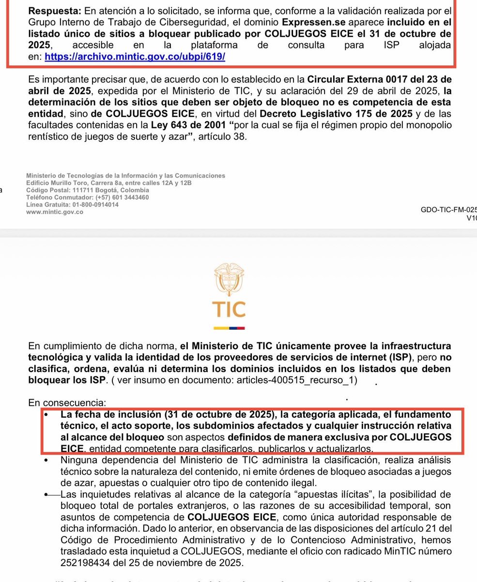 🇨🇴🚨🚨🚨 URGENTE:

El ministerio de las TIC confirman que la página del diario ESPRESSEN fue bloqueada en todo Colombia por orden de GUSTAVO PETRO Desde el 31 de octubre.

Que opina ❓