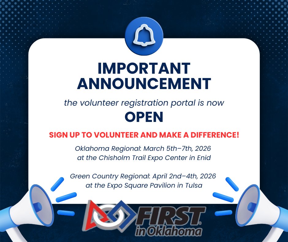 🚨 BIG NEWS! 🚨
The volunteer registration portal for the 2026 FIRST in Oklahoma Regionals is officially OPEN! 🙌

Sign up today and make a difference! 💙