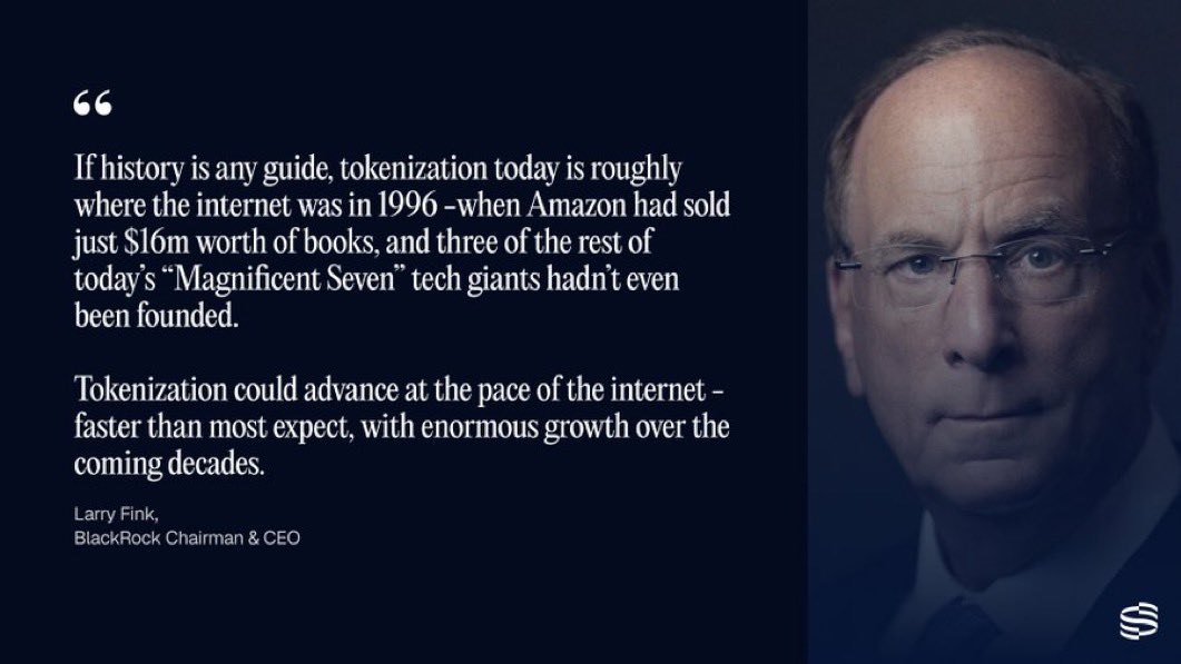 🚨 $11T BlackRock says the crypto train has LEFT THE STATION 🚨

"Tokenization today is roughly where the internet was in 1996. Growth will be faster than anyone expects.”

- Larry Fink, <a href="/BlackRock/">BlackRock</a> Chairman &amp; CEO

Entire financial system being rebuilt on blockchain. Trillions