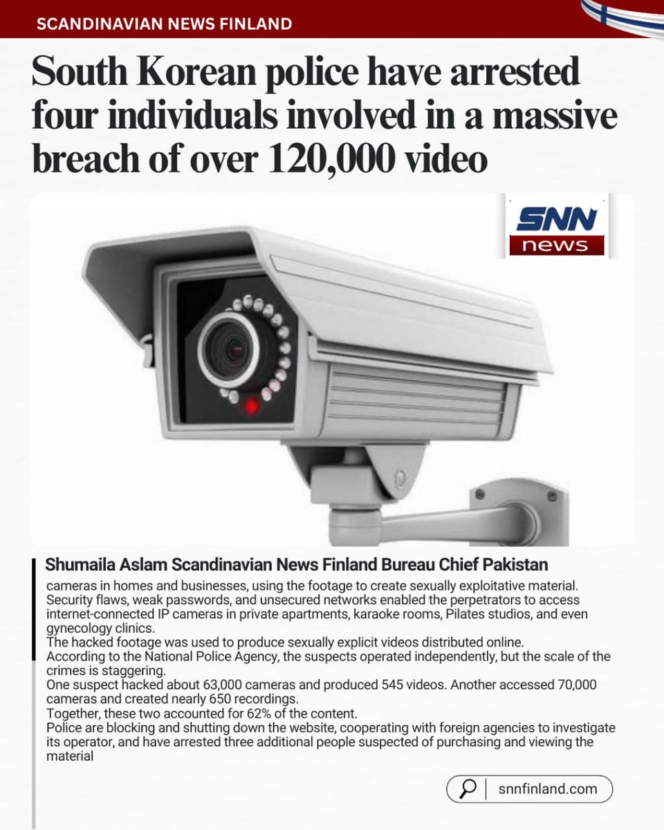 snnfinalnd's tweet photo. South Korean police have arrested four individuals involved in a massive breach of over 120,000 video #scandinaviannewsagency #SouthKorea #SouthKoreaPolice #IPCameras #breakingnews #Snnfinland https://t.co/ulIKXLdnIs