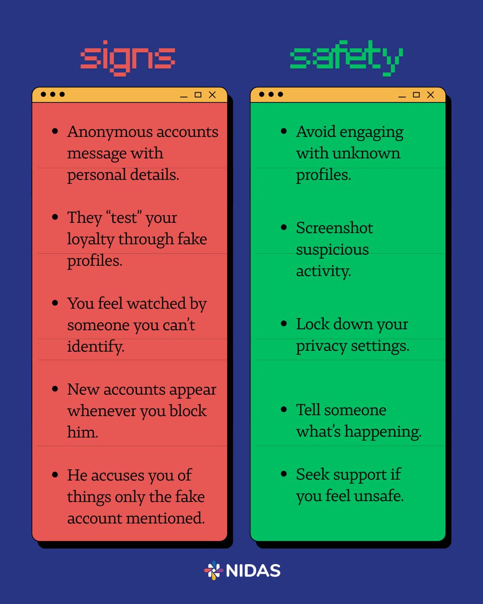 nidas_org_uk's tweet image. Some abusers hide behind multiple profiles to intimidate, monitor or manipulate.
Your online world shouldn’t be a maze of hidden threats.

#Catfishing #DigitalControl #OnlineViolence #UNiTE2025 #16DaysOfActivism #DigitalAbuse