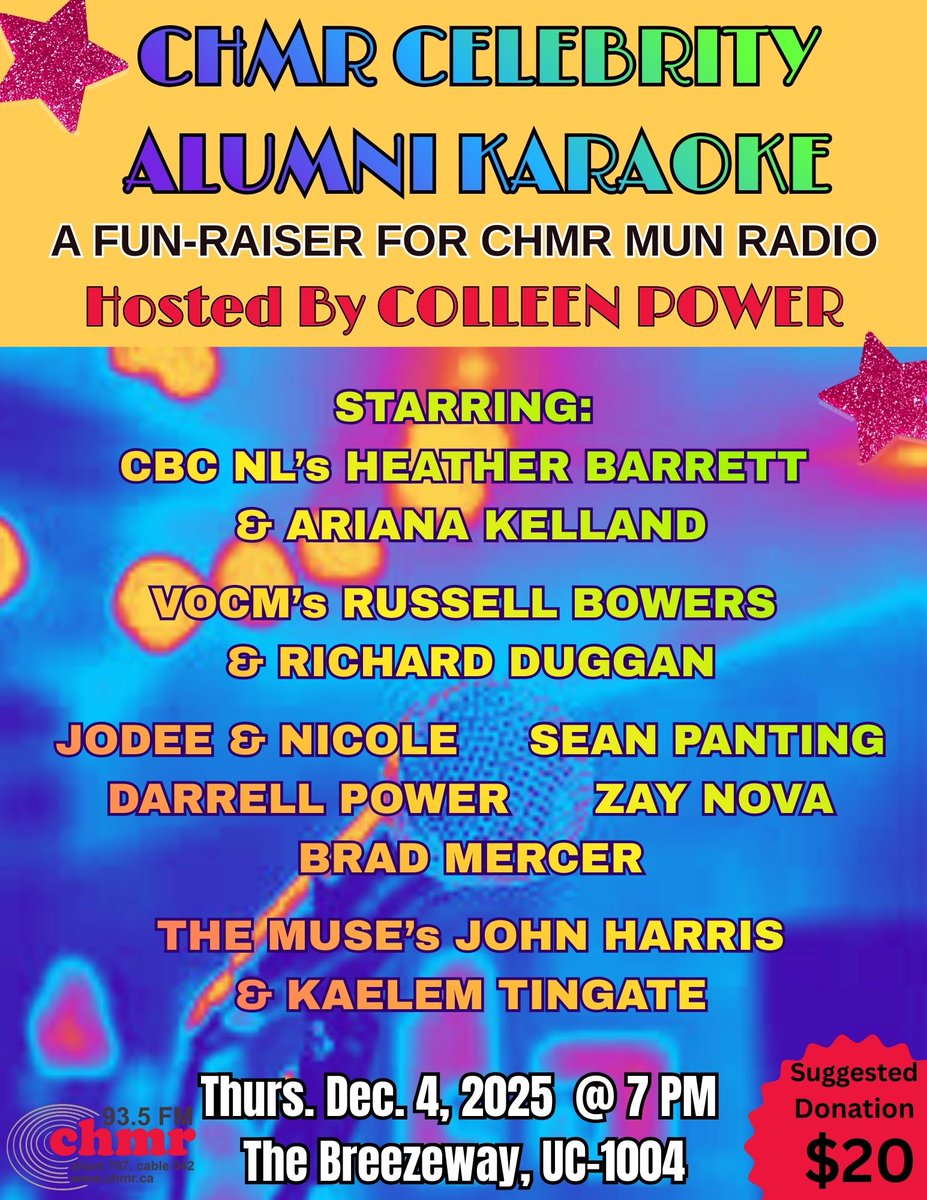 Coming up at #TheBreezeway <a href="/MUNSU35/">MUNSU</a> this Thursday night, Dec. 4! Come catch your faves singing some karaoke to raise funds for your only alternative - <a href="/chmrmunradio/">CHMR</a>! <a href="/CBCNL/">CBC Newfoundland and Labrador</a> <a href="/StJohnsTelegram/">The Telegram</a> <a href="/VOCMNEWS/">VOCM News</a> <a href="/VOCMOpenline/">Paddy Daly</a> <a href="/MemorialU/">Memorial University</a> <a href="/MemorialUAlumni/">Memorial University Alumni</a> <a href="/themusenl/">The Muse</a> <a href="/CBCAlerts/">CBC News Alerts</a> <a href="/NTVNewsNL/">NTV News</a>