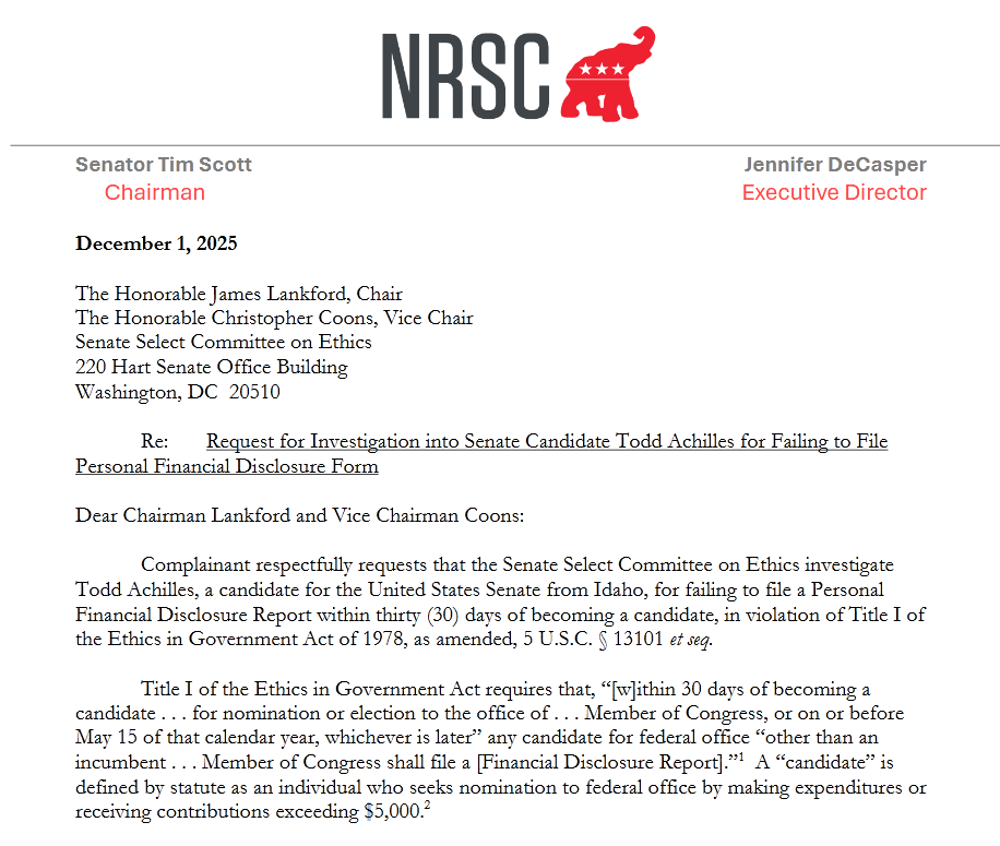The National Republican Senatorial Committee has requested an investigation into former Democratic state representative Todd Achilles, running an independent campaign for US Senate against Sen. Jim Risch: