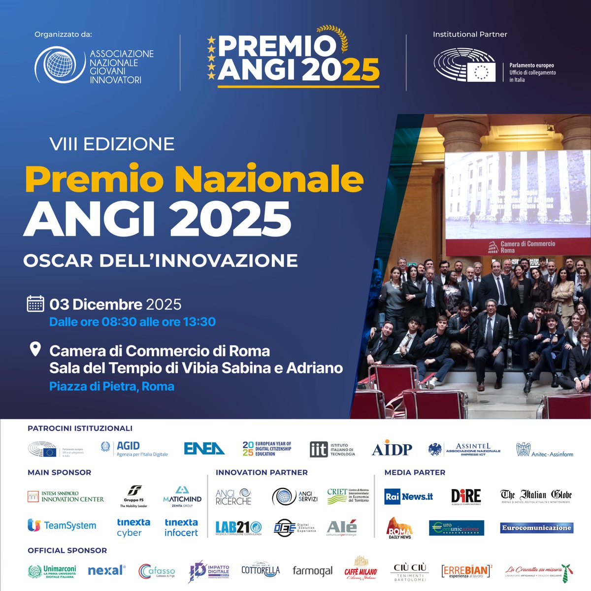 gabferrieri's tweet image. 📌 Domani, 3 dicembre 2025, alle 09:00, la Sala del Tempio di Vibia Sabina e Adriano alla Camera di Commercio di Roma si illumina per la VIII edizione del #PremioAngi - Oscar dell’Innovazione! 🏆

🚀 Celebriamo l&apos;innovazione italiana con #eccellenze, #talenti e i dati…