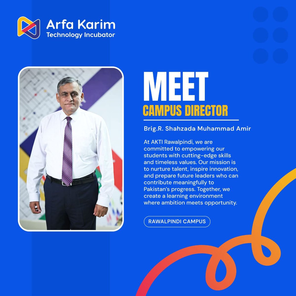 ArfaKarim_Tech's tweet image. Meet Brig. R. Shahzada Muhammad Amir, the guiding force behind AKTI Rawalpindi, leading with vision, discipline, and unmatched dedication to empowering Pakistan’s tech talent.

 0334-6660496
Apply Now: akti.com.pk/admissions

#AKTI #AKTIRawalpindi #LeadershipInTech #BrigAmir