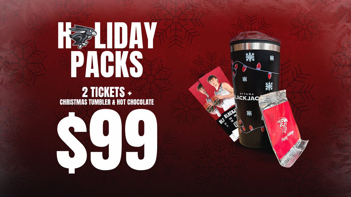 The best holiday pack in the CEBL is back!🎄

Includes two silver section ticket vouchers, a uniquely designed BlackJacks tumbler and two BlackJacks cocoa packs.

Get yours in time for the holiday season: tinyurl.com/yc5v2h3n