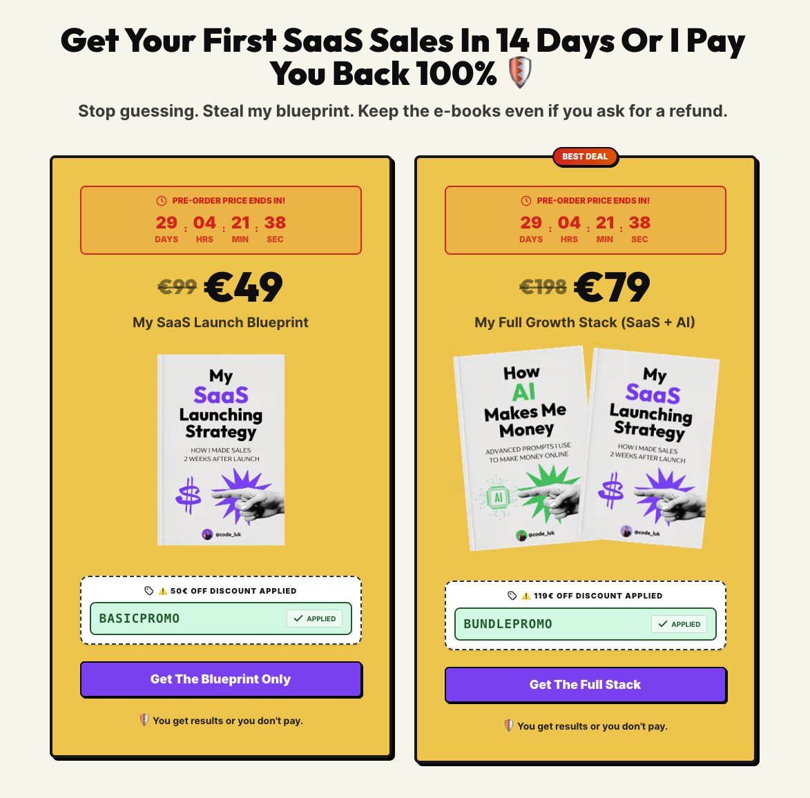 code_luk's tweet image. NEW pricing section 🥳

&amp;gt; eye-catching
&amp;gt; bundle promo aka Alex Hormozi
&amp;gt; pre-order as a validation process

Current status:

&amp;gt; one paid user is waiting for his e-book ✅