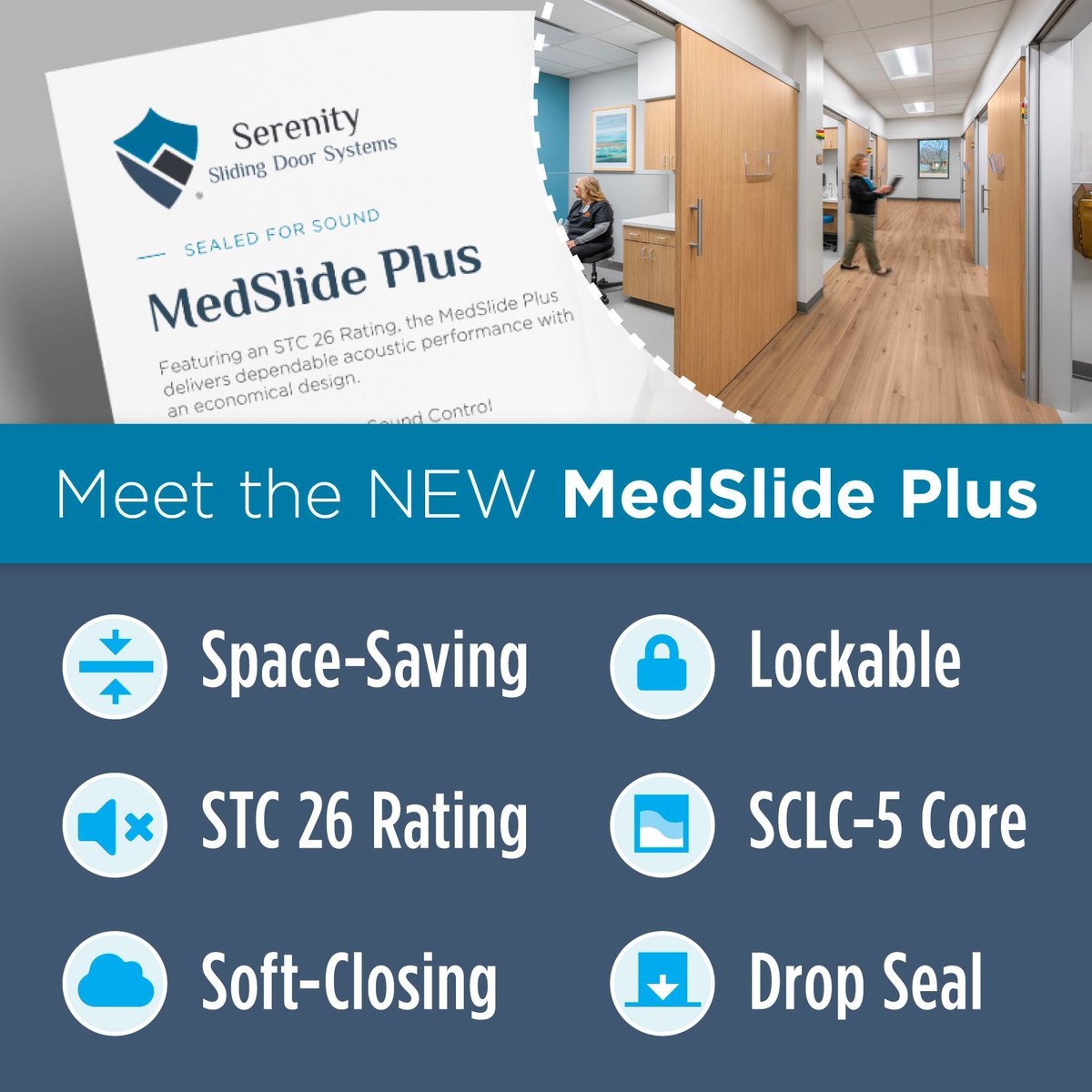 Meet the MedSlide Plus, our newest sliding door system that delivers STC 26 sound reduction while keeping costs down with our economical SCLC-5 Core – the perfect balance of performance and value.
See the flyer for more details! serenityslidingdoor.com/wp-content/upl…

#MedSlidePlus #STC26Rated