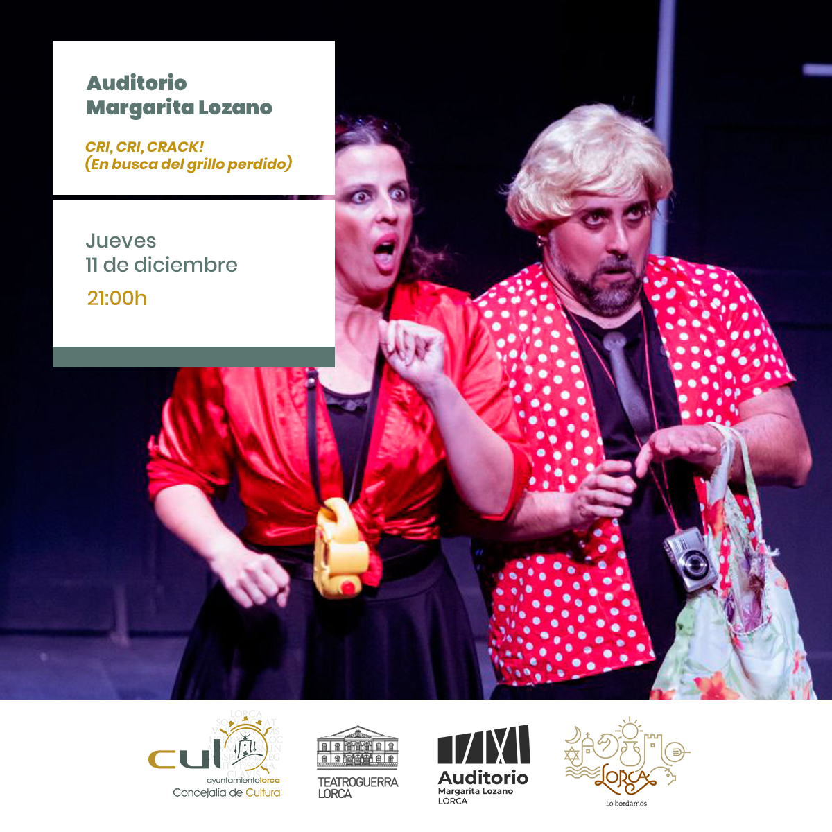 ✨ Sumérgete en una experiencia teatral única con “Cri-Cri-Crack! (En busca del grillo perdido)” 🎭

🗓 Jueves 11 de diciembre, 21:00 h
📍 Auditorio Margarita Lozano, Lorca

🎫 Entradas disponibles en: auditoriomargaritalozano.es/evento/cri-cri… y en las taquillas del Teatro Guerra

#Teatro