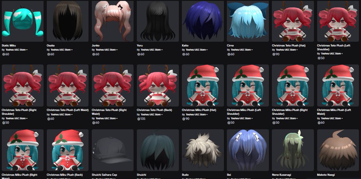 TouhouUGCStore's tweet image. We Just Released 20+ Hairs in our ugc group! 
We&apos;ve also Released plushies of Erlking Heathcliff, Christmas Miku &amp;amp; Christmas Teto !

Check out the group here: roblox.com/communities/35…

#ROBLOX #Robloxugc #erlking #Heathcliff #LimbusCompany #Limbus_Company #Teto #Miku #Christmas